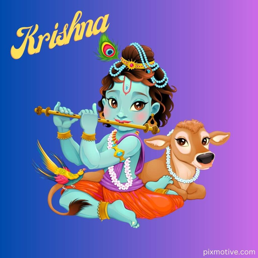 Graphical image of lord krishna playing basuri with cow