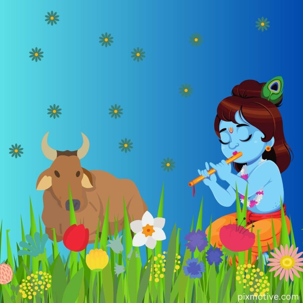 Lord krishna playing basuri in front of cow