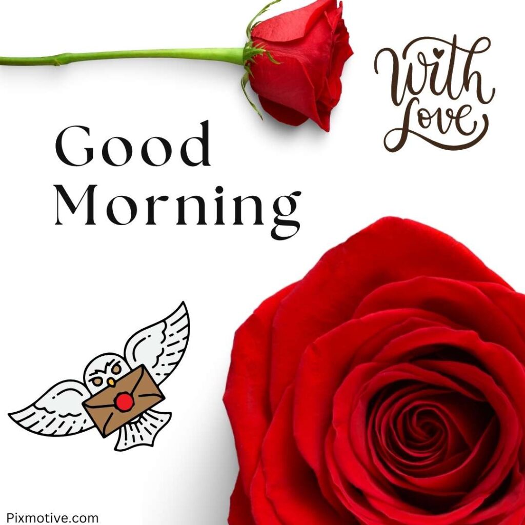 Owl holding letter good morning with love and red rose