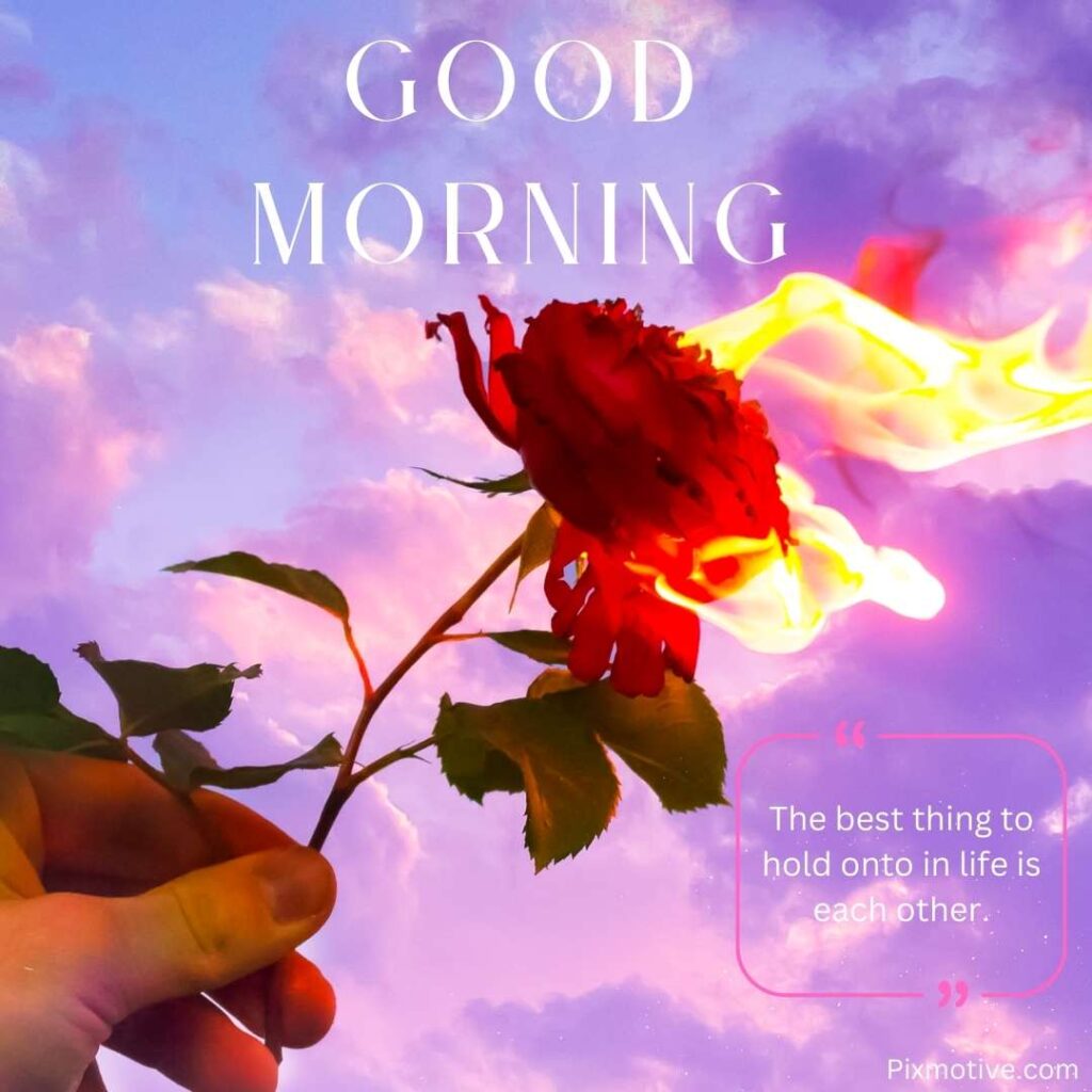 Red rose on fire in a hand good morning wish with quote