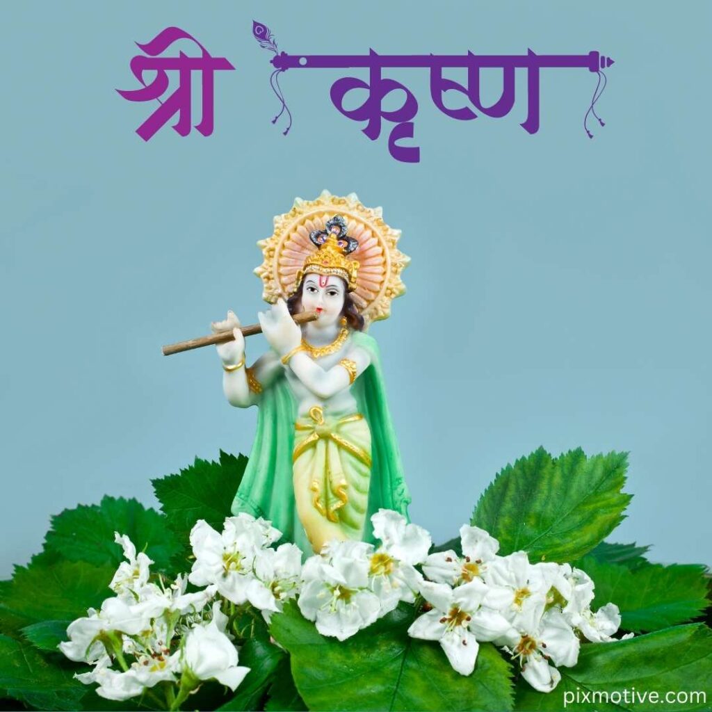 Small idol of lord krishna on green leaf and white flower