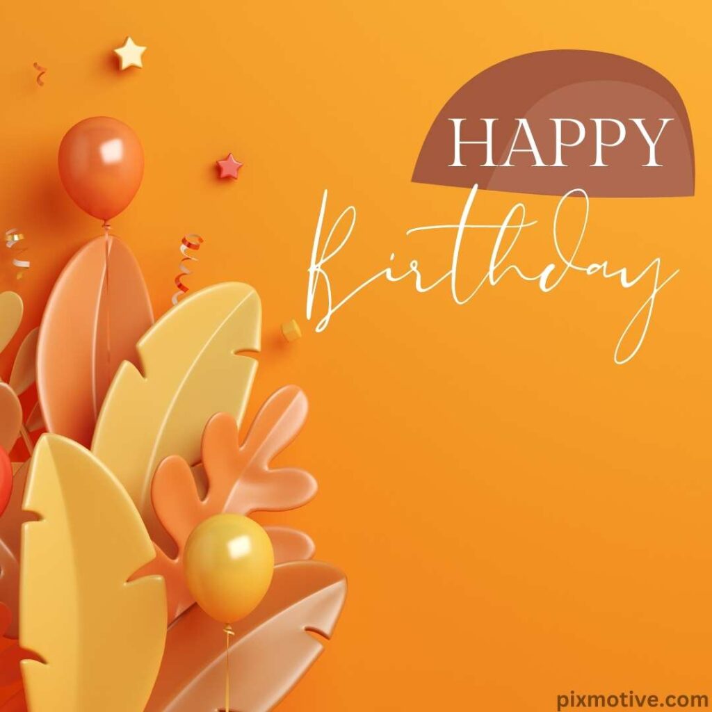 3D artifacts and balloons on a orange background happy birthday typography