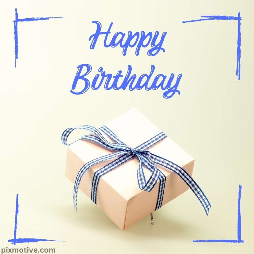 A floating gift box with ribbon and happy birthday written in blue color