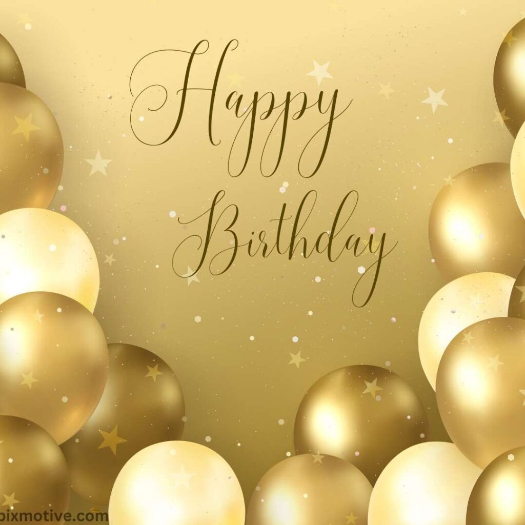 A golden background with golden balloons and happy birthday written in brown color