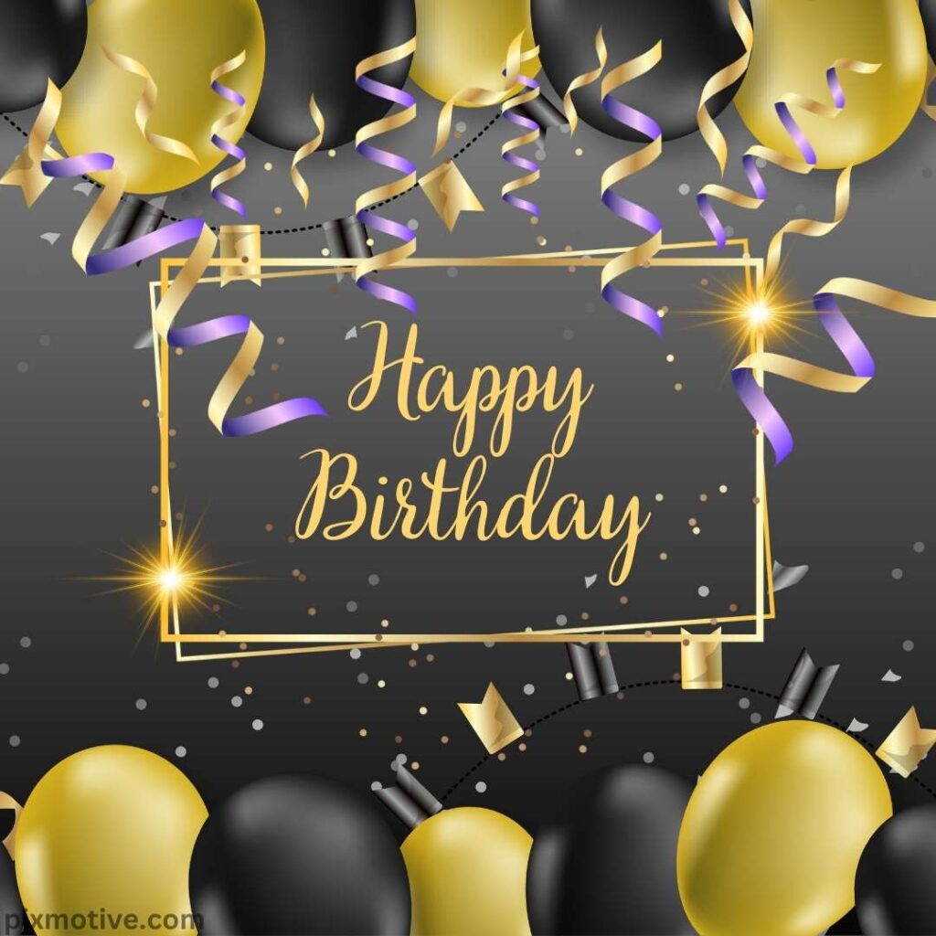 A grey backdrop with yellow and black balloons birthday card and confetti
