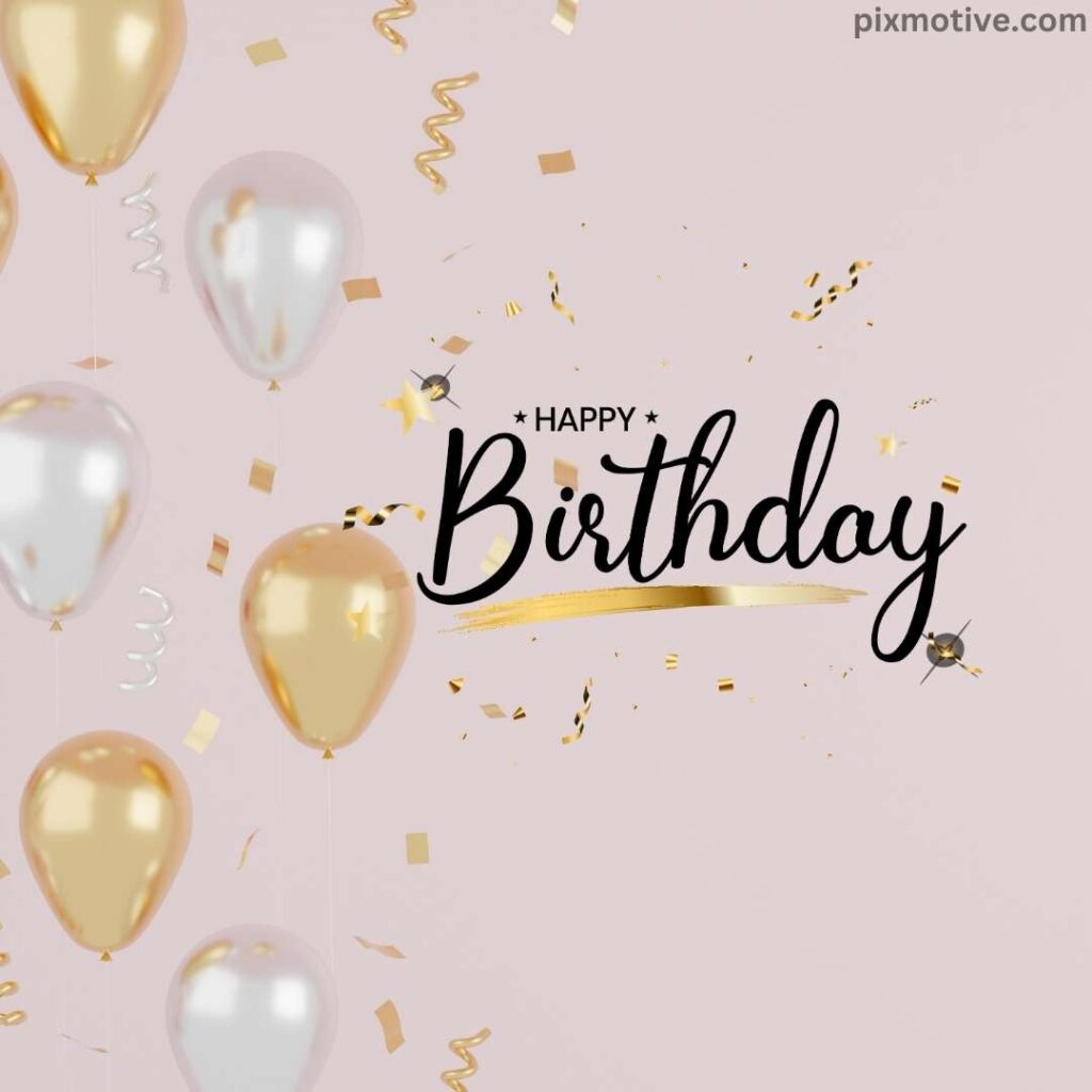A simple happy birthday image with golden and pink balloons