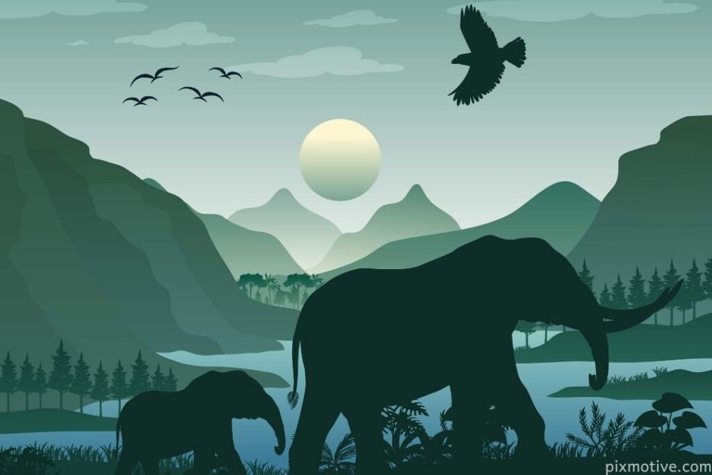 Artistic backdrop of mountain, lake and elephant family