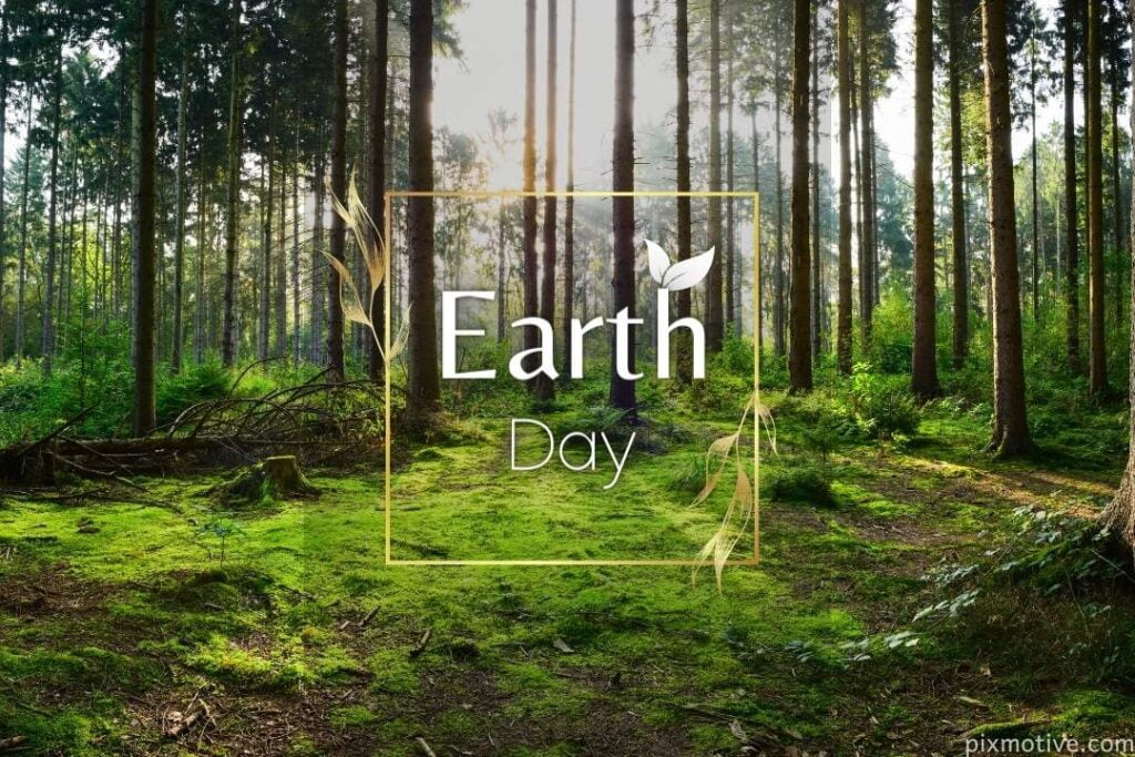 Background picture of the jungle and earth day written in the middle