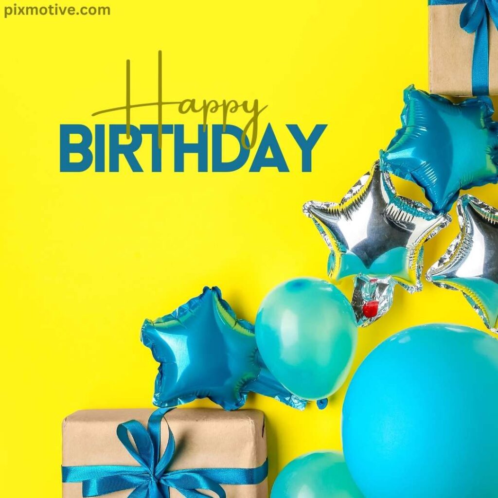 Birthday image with yellow background and blue balloons and decorations