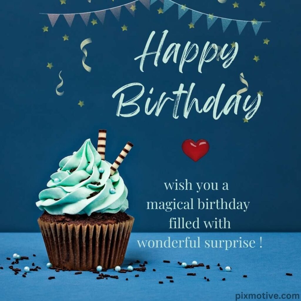 Brown cupcake with blue frosting and chocolate sticks with magical birthday wish message