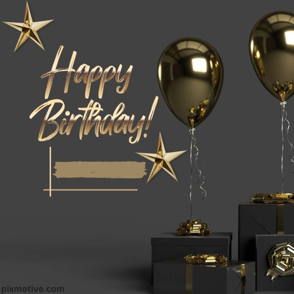 Golden Happy birthday written with darker balloons and a gift box