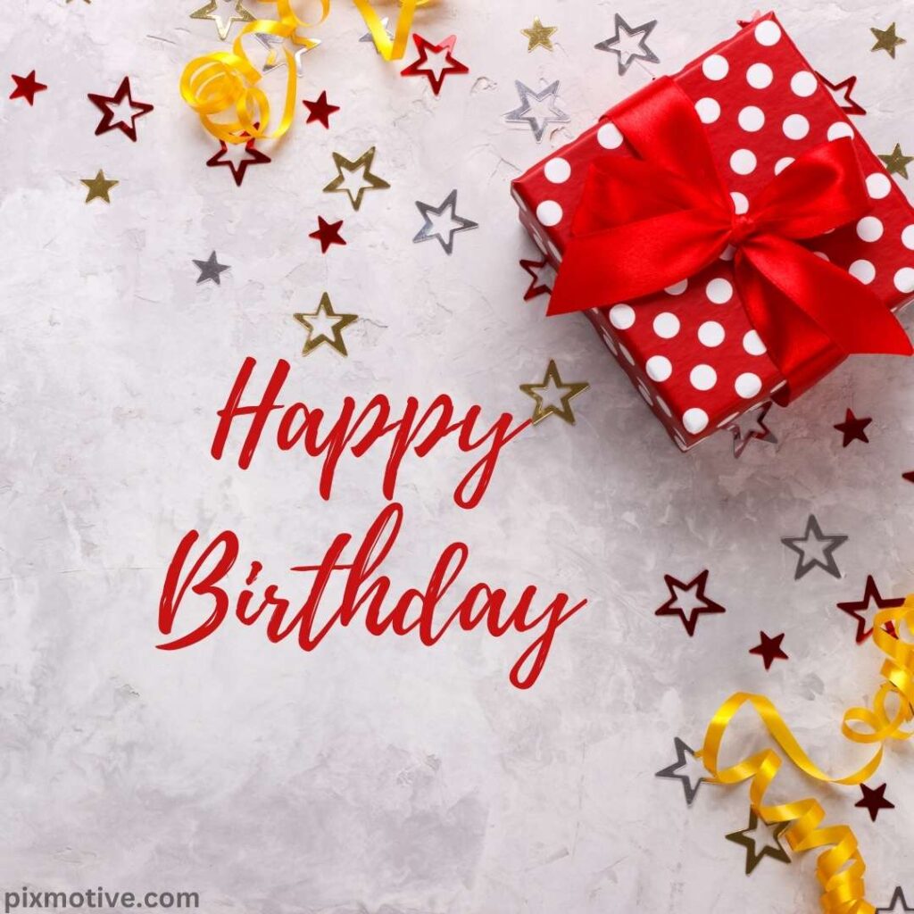Red gift box with ribbon and script font happy birthday