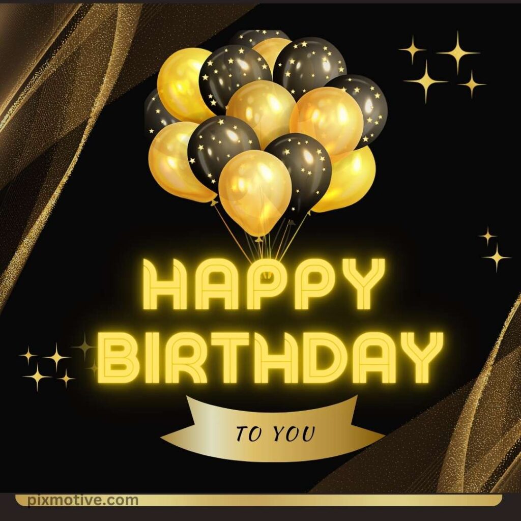 Yellow highlighted happy birthday on a dark background and yellow and grey balloons
