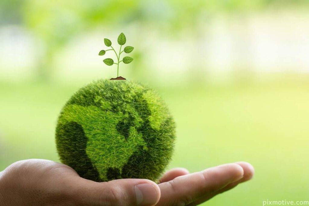 Small green earth on the hand Creative background
